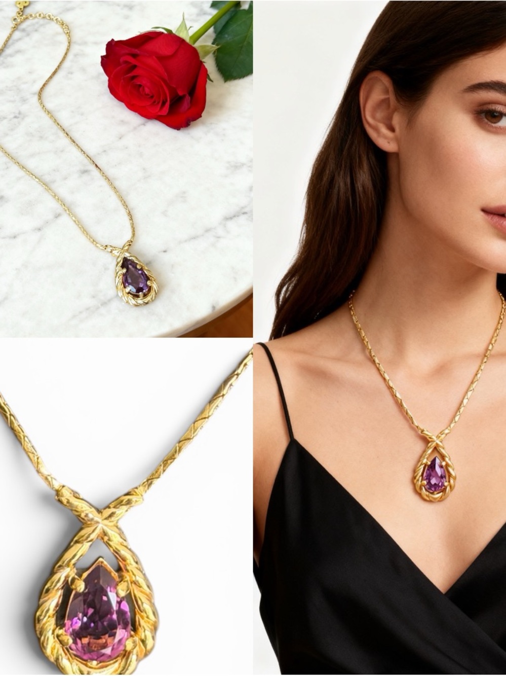Christian Dior Vintage Gold-Plated Simulated Amethyst Pendant Necklace Pristine